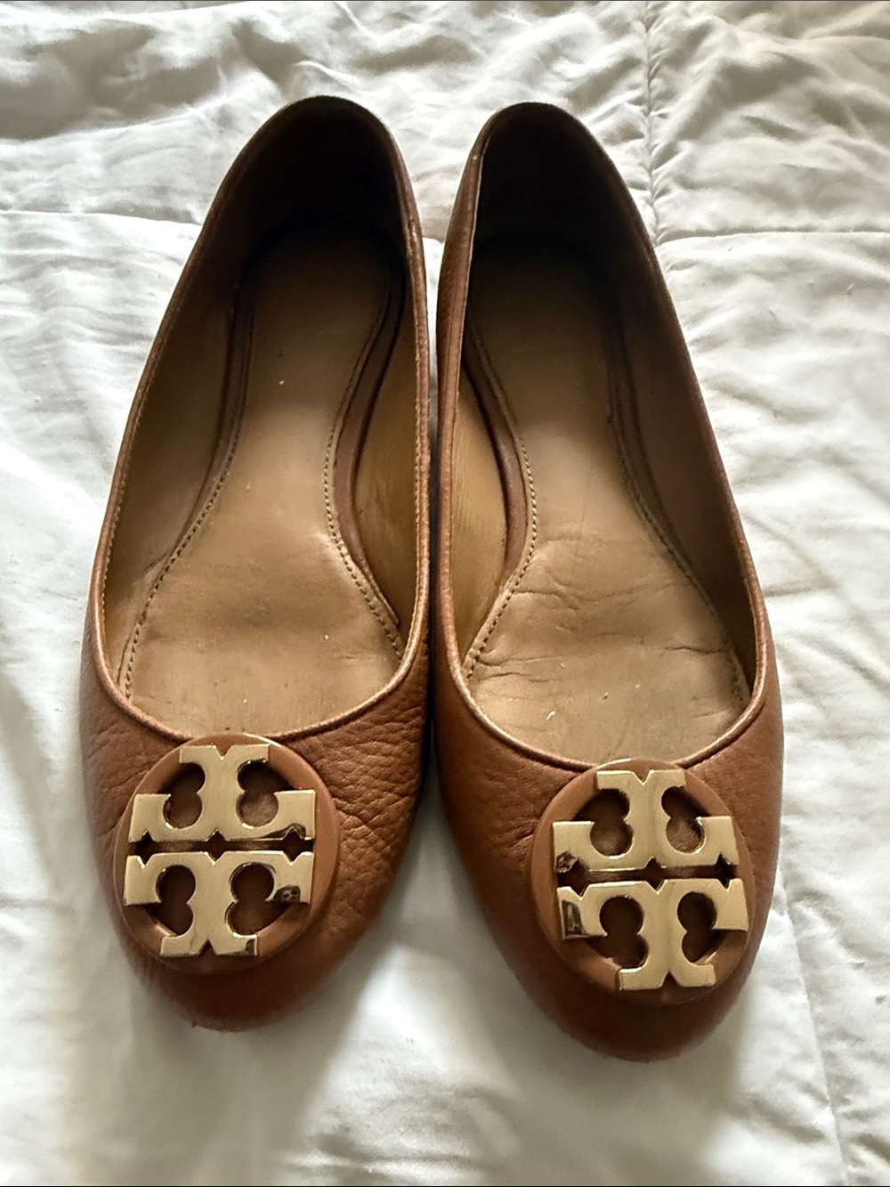 Tory Burch Tan Leather Logo Medallion Ballet Flats